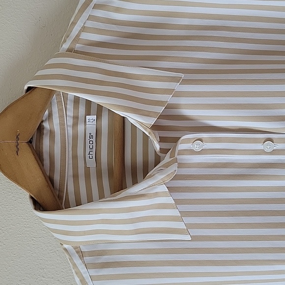 Chico's No Iron Embroidred Scalloped Hem Striped Button Down Shirt Size XL/18 - Picture 2 of 7